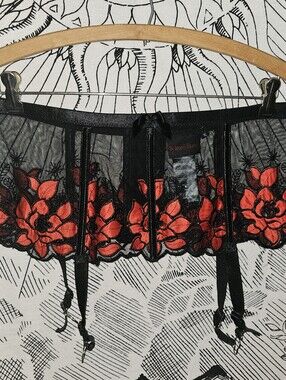Bedroom Stories XL Black Sheer Garter Belt with Red Floral Embroidery